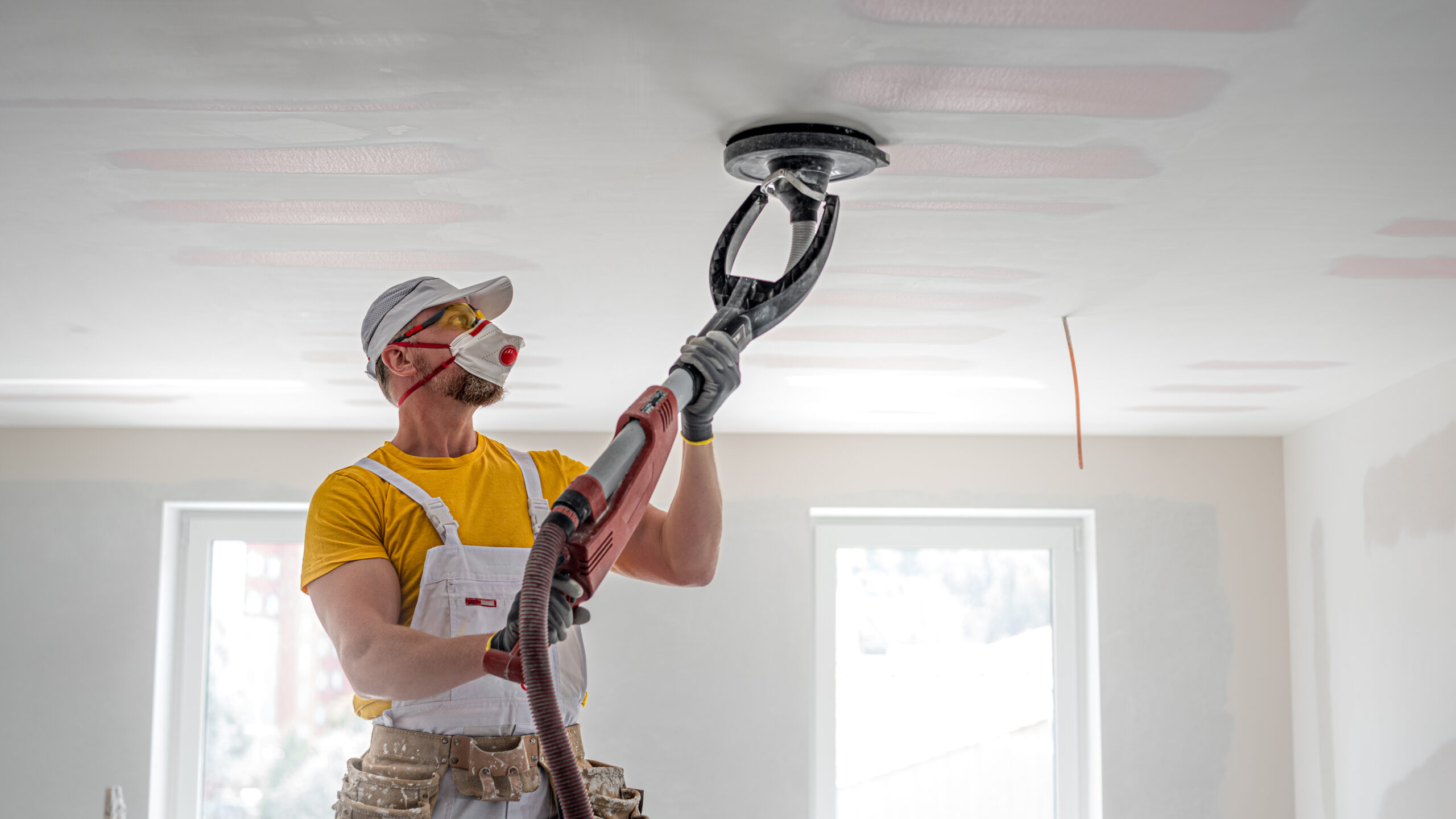 The worker is sanding a plasterboard ceiling. He is using a special drywall sander. The worker is sanding a plasterboard ceiling. He is using a special drywall sander.